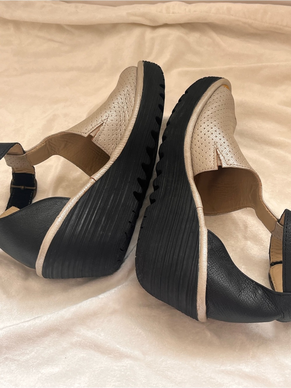 Fly London Metallic Gold $240 Perforated Wedge Sandals with Black Ankle Strap - Picture 6 of 10